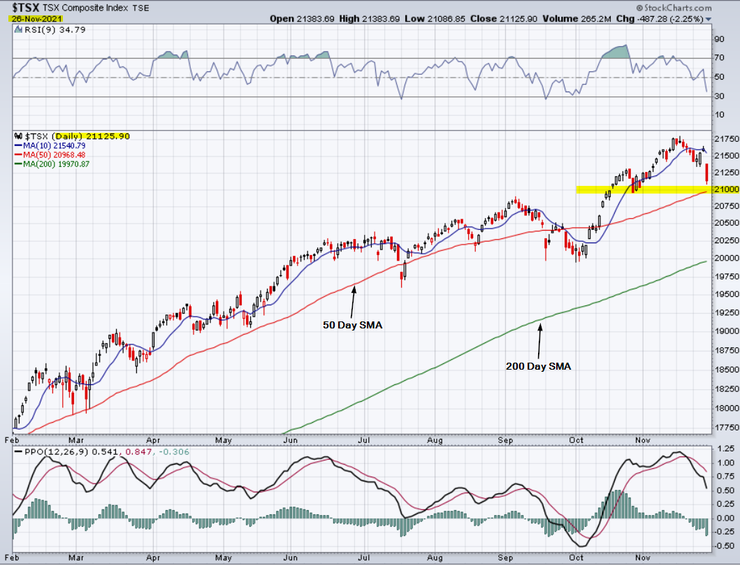 TSX Index daily chart showing support level near 50 day moving average.